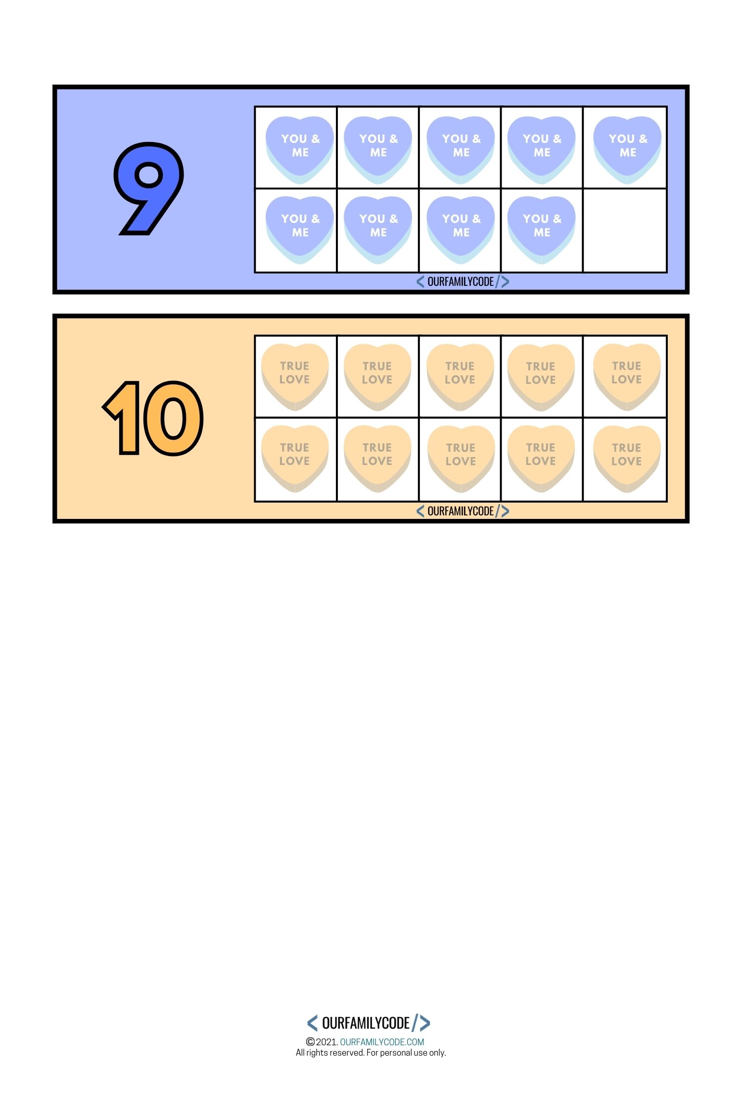 A picture of candy heart ten frames 9 and 10.