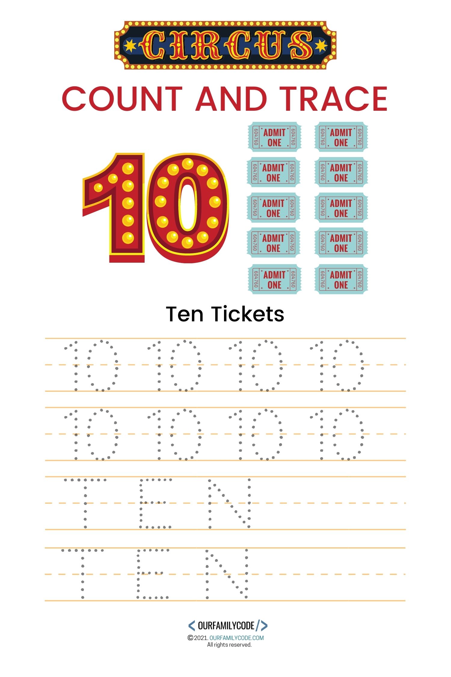 circus themed count and trace number 10 worksheet