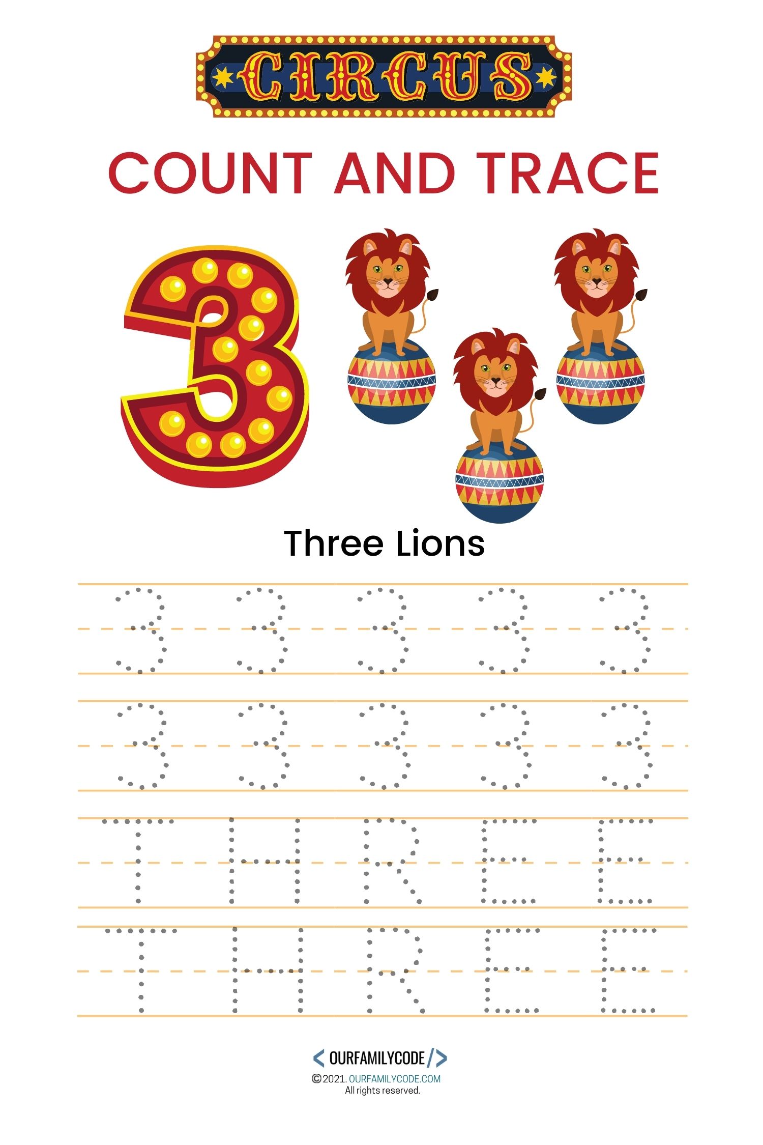 circus count and trace three lions