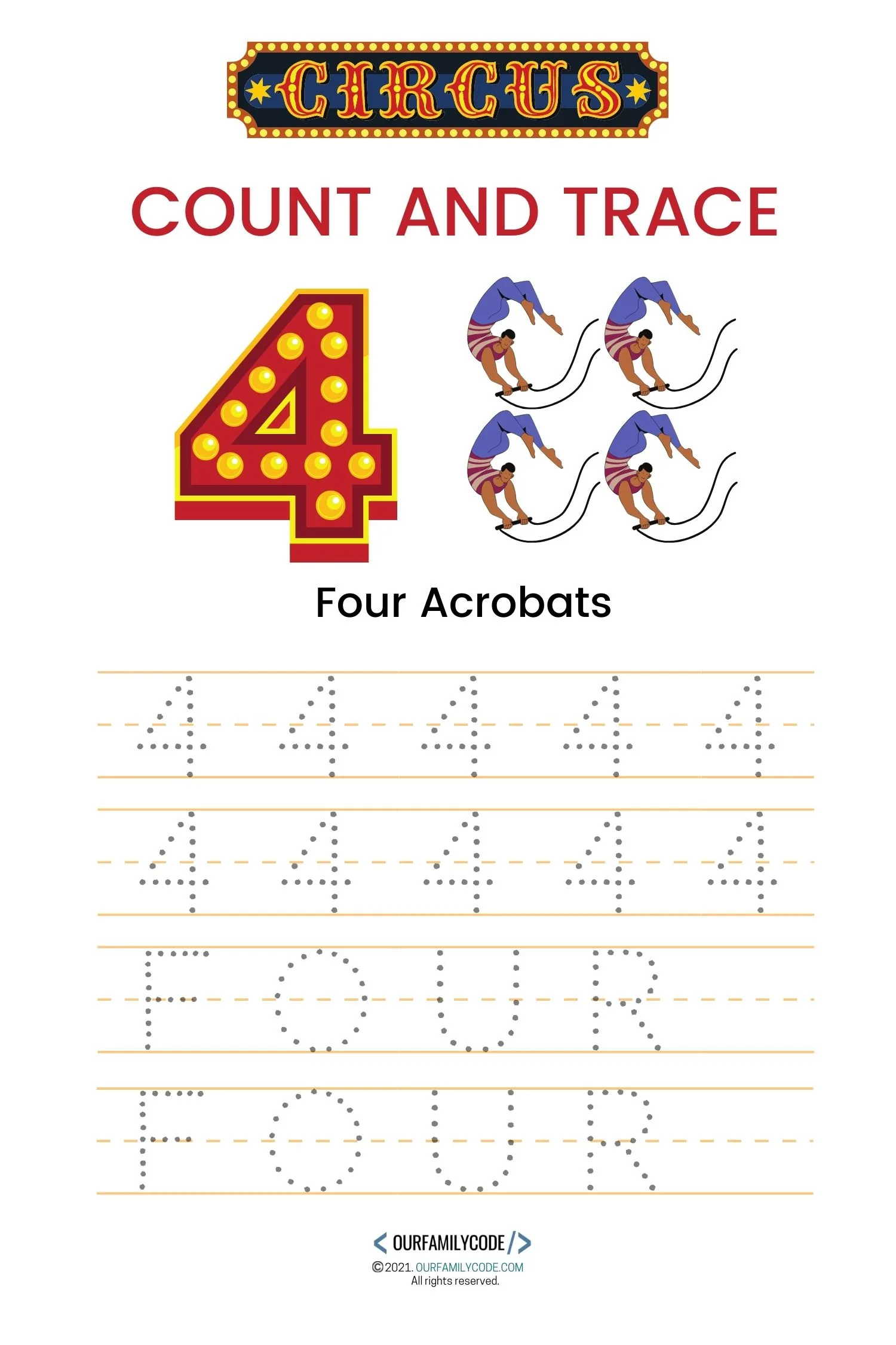 four acrobats count and trace number 4 worksheets