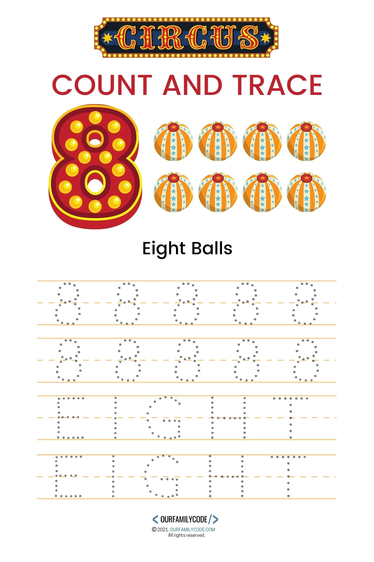 eight circus counting and tracing worksheet