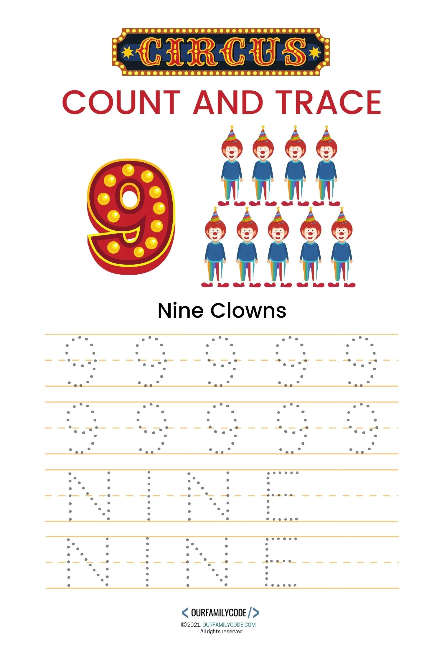 count and trace number 9 clowns worksheet