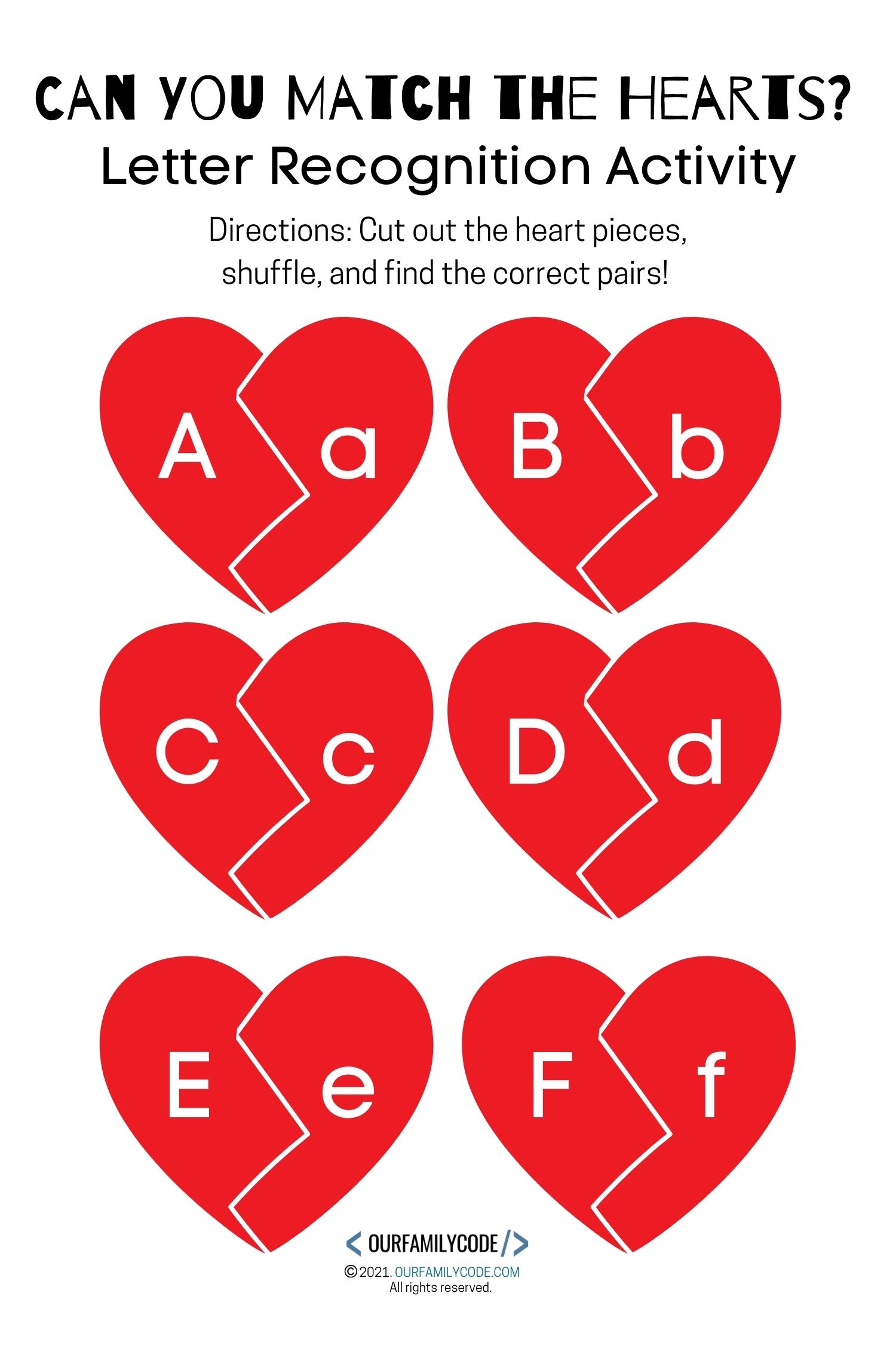 letter recognition Valentine's Day heart matching activity a-f