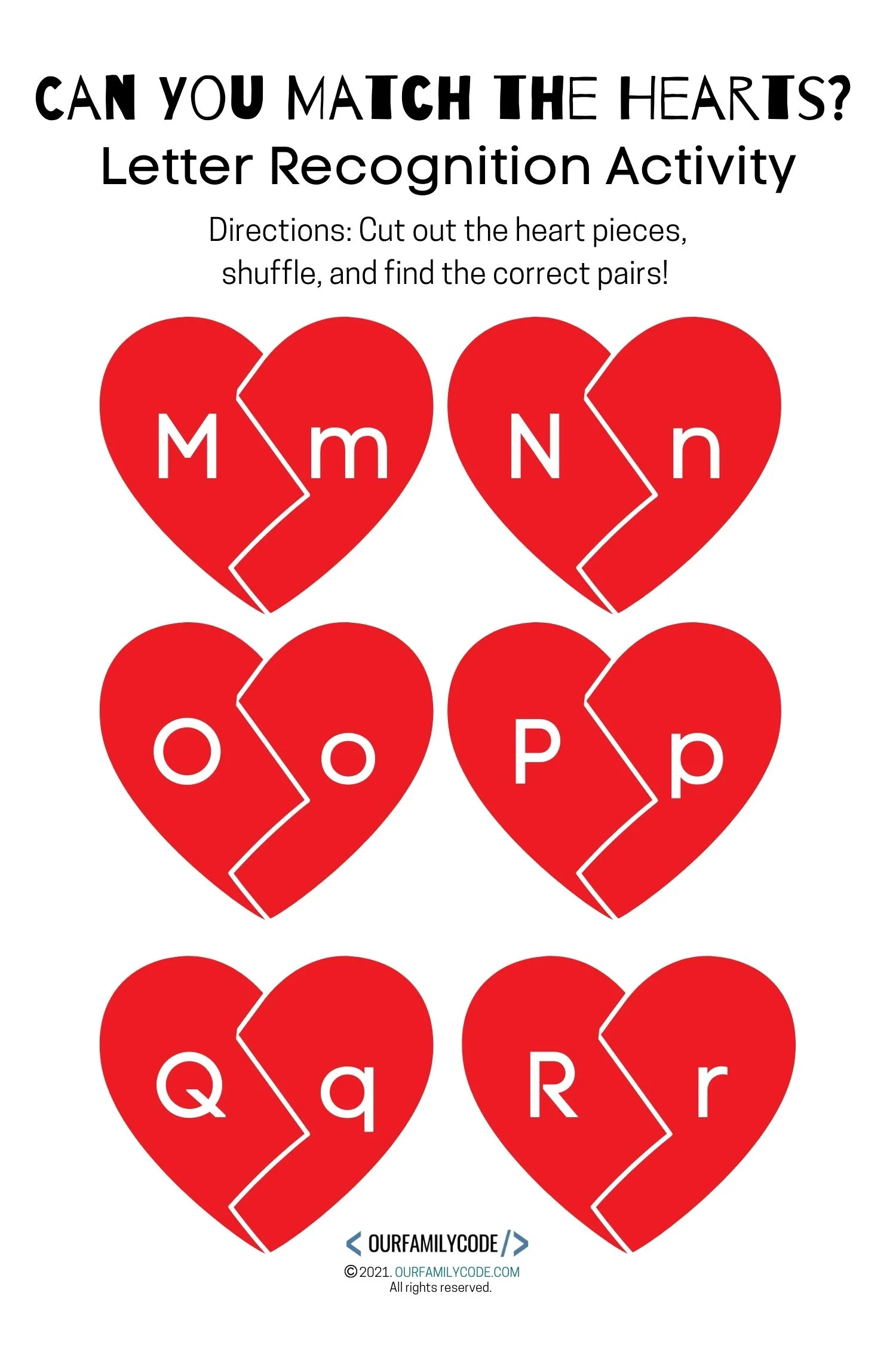 letter recognition Valentine's Day heart matching activity m-r