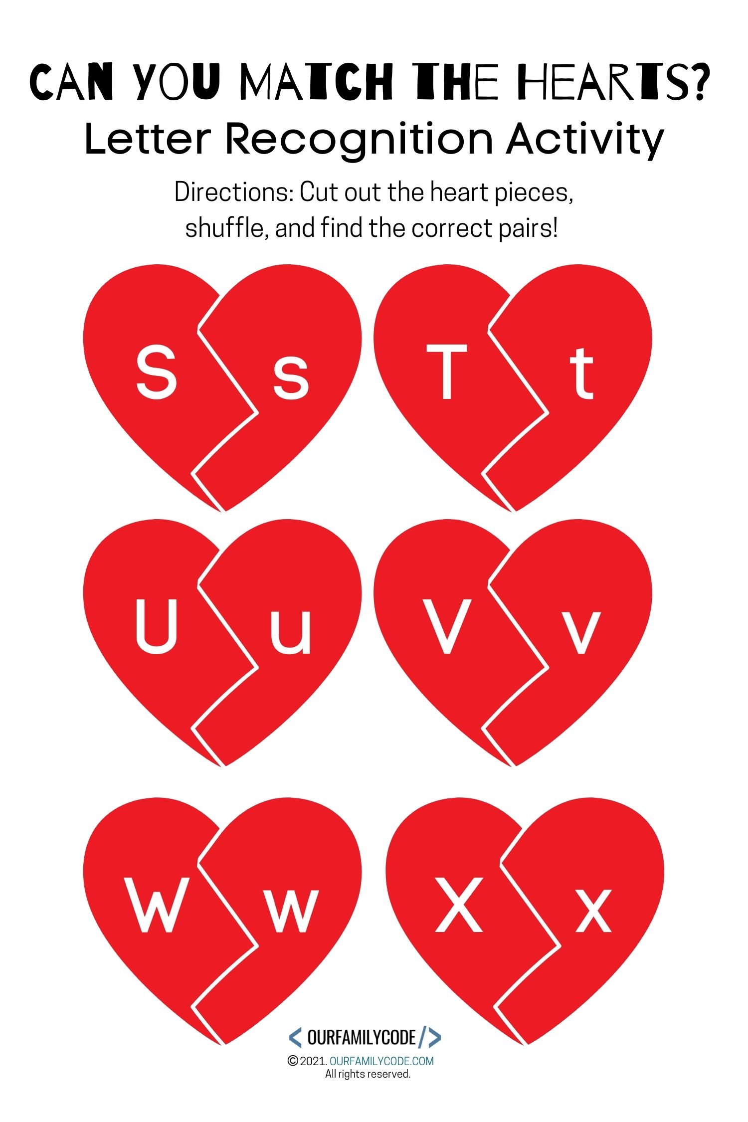 letter recognition Valentine's Day heart matching activity s-x