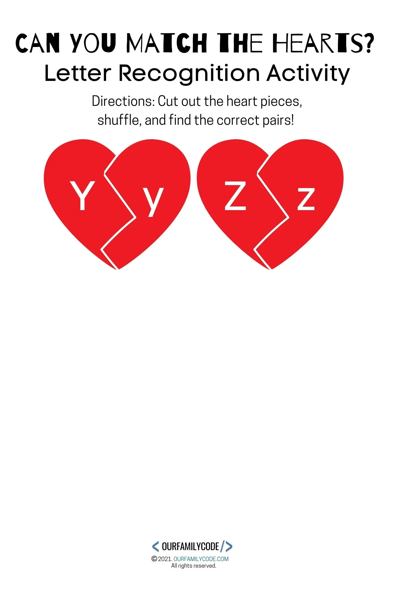 letter recognition Valentine's Day heart matching activity y-z