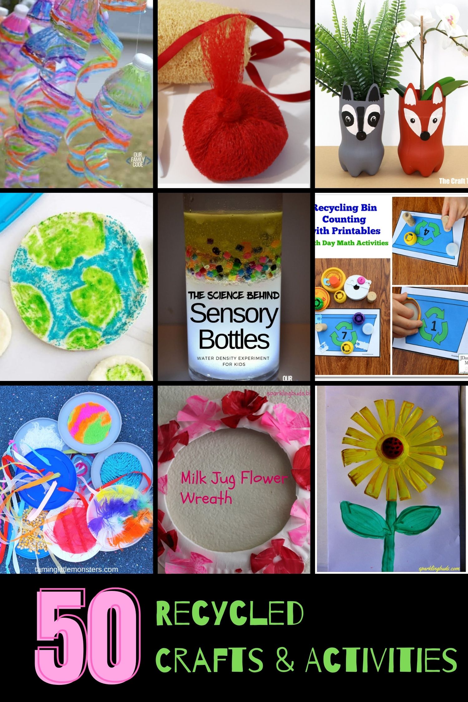 A picture of 9 recycled crafts and activities for kids.