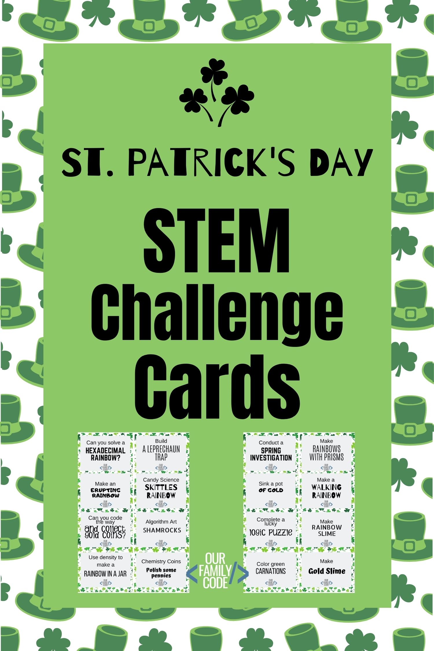 A picture of St. Patrick's Day STEM challenge cards on leprechaun hat background.