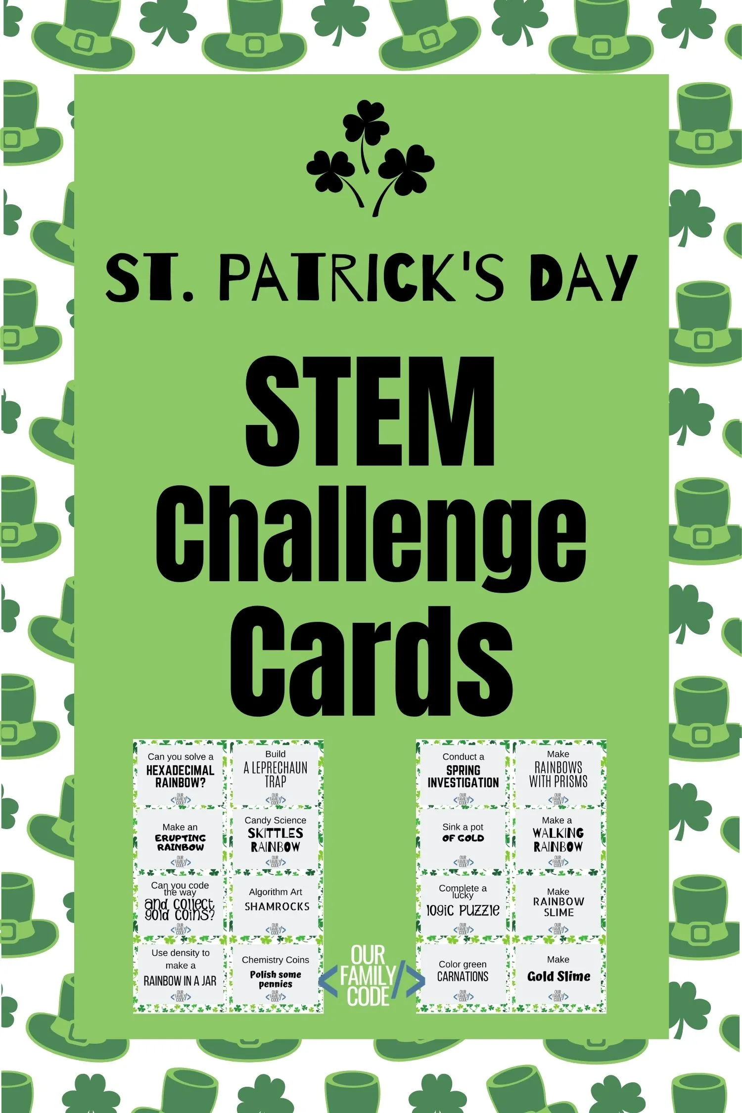 A picture of St. Patrick's Day STEM challenge cards on leprechaun hat background.
