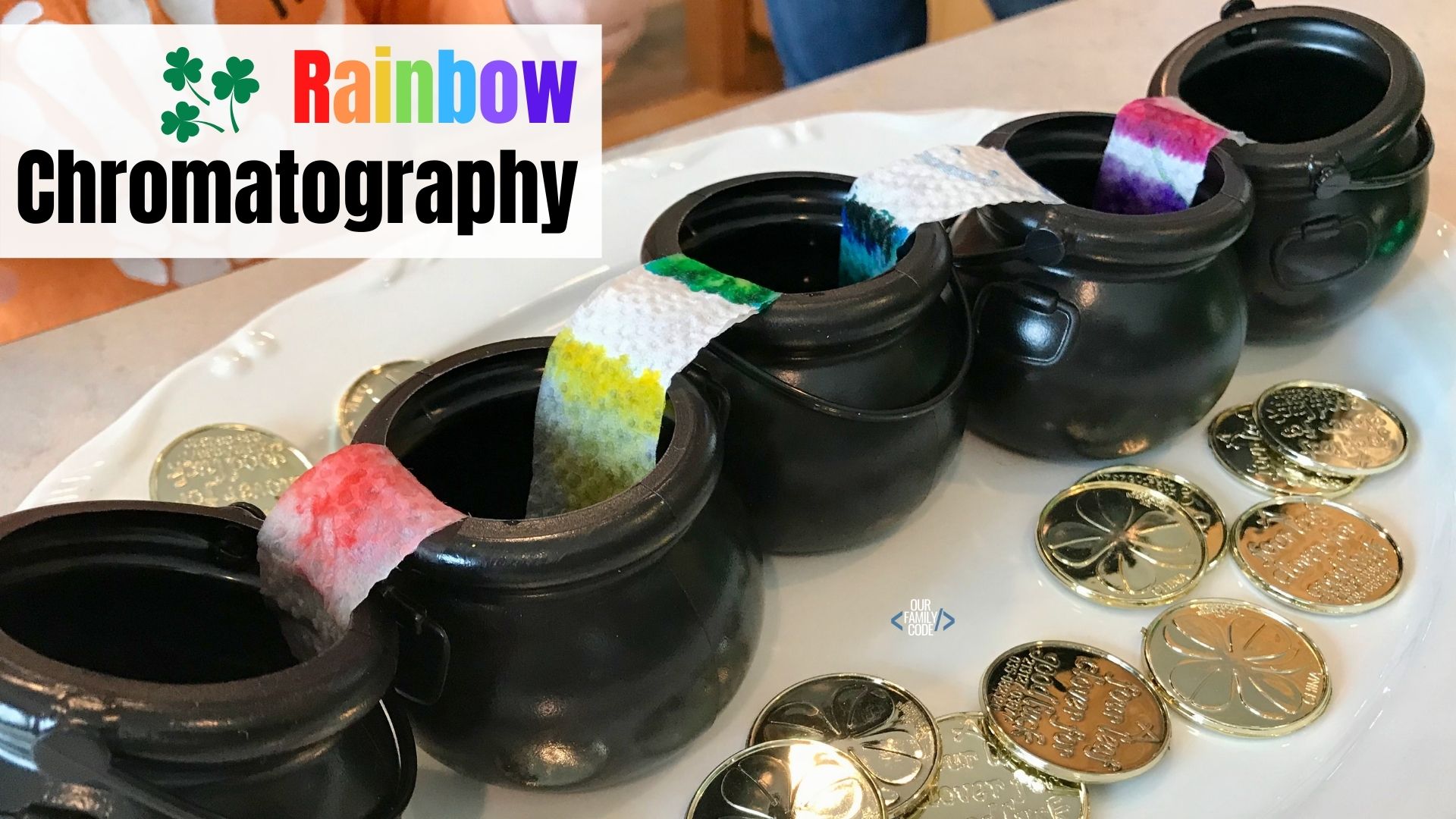 a picture of rainbow chromatography post header with black cauldrons on white plate with gold coins.