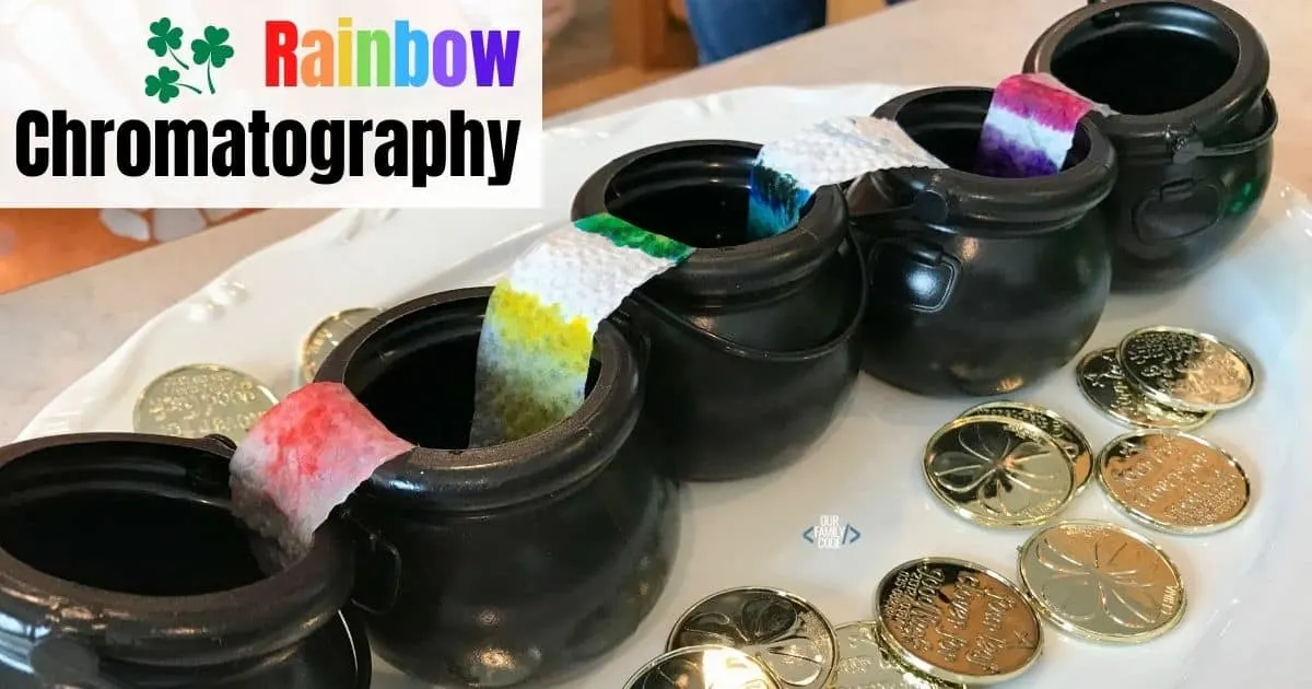 Grow a Rainbow Chromatography STEM Activity bh fb Rainbow chromatography st patricks day stem a picture of rainbow chromatography post header with black cauldrons on white plate with gold coins.
