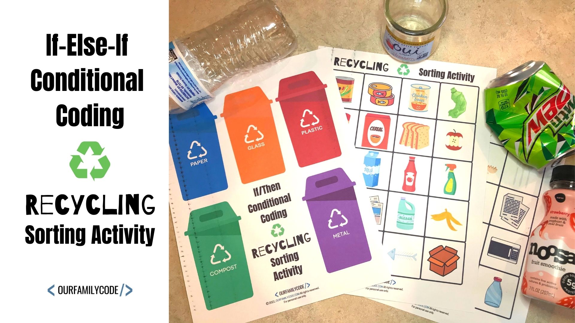 A picture of earth day recycling sorting activity.