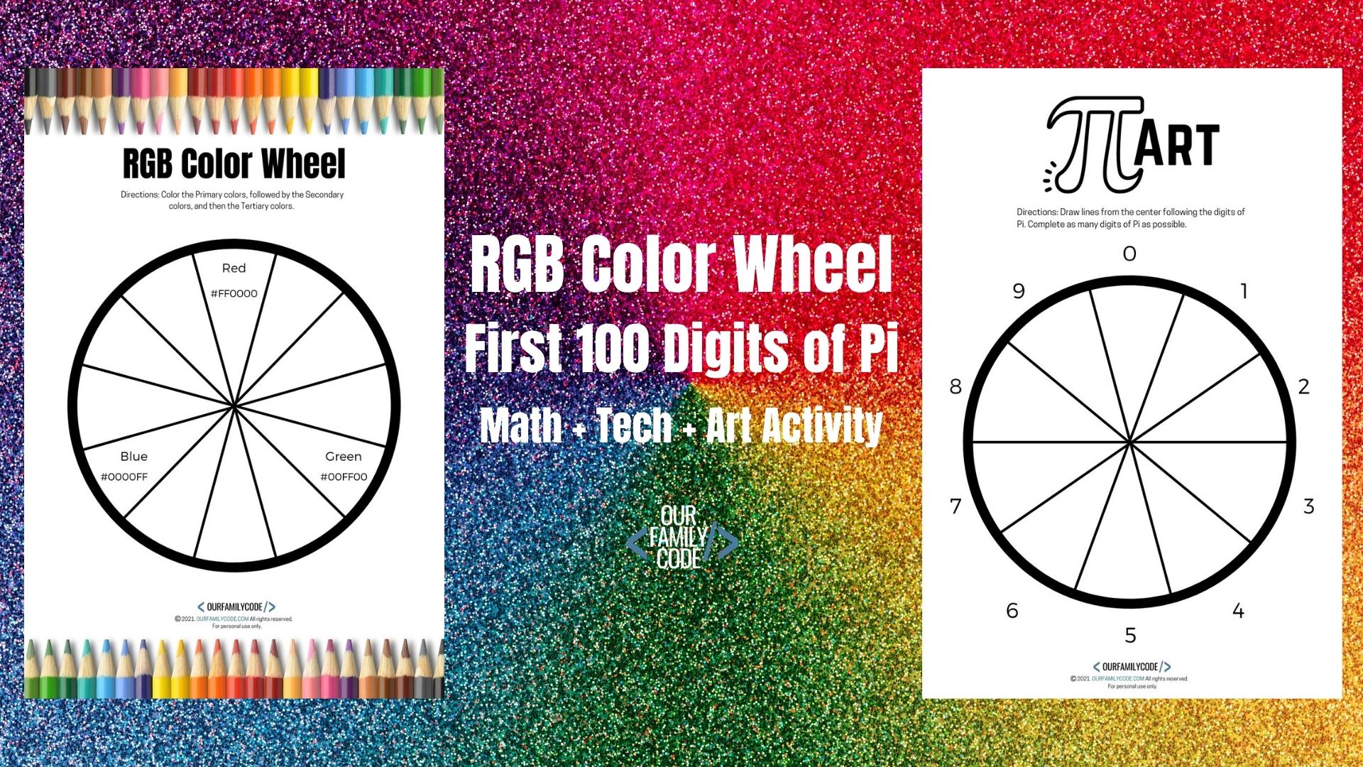 A picture of two math worksheets on a color wheel background to learn about rgb color wheels and the first 100 digits of pi.