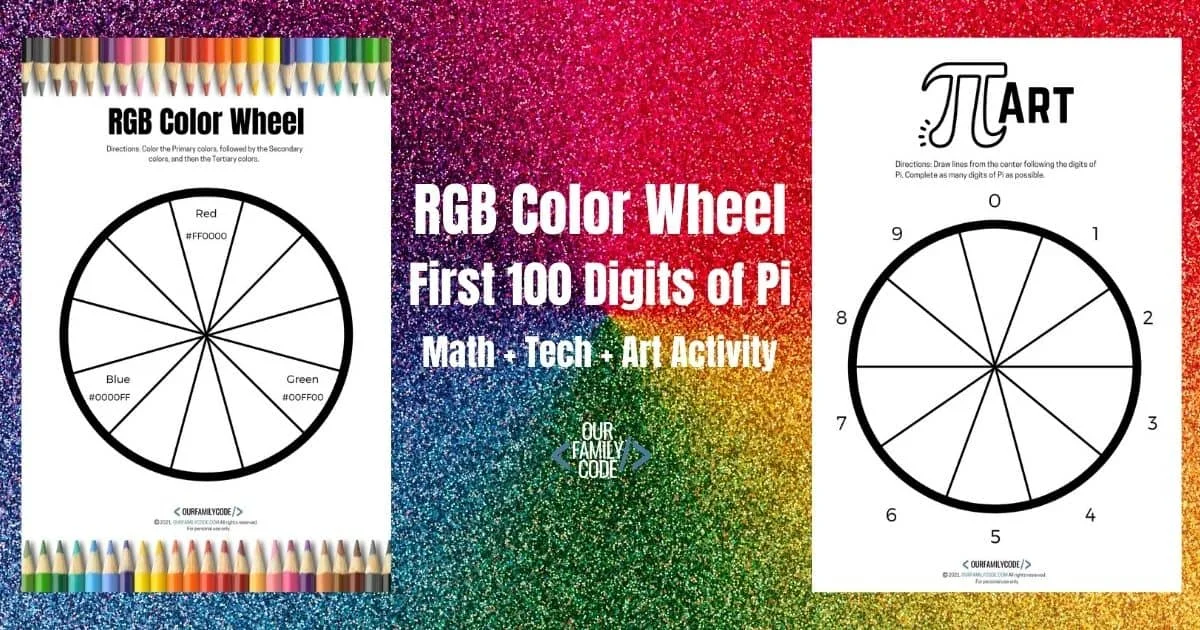 First 100 Digits of Pi Color Wheel Activity bh fb rgb color wheel activity first 100 digits of Pi math tech art A picture of two math worksheets on a color wheel background to learn about rgb color wheels and the first 100 digits of pi.