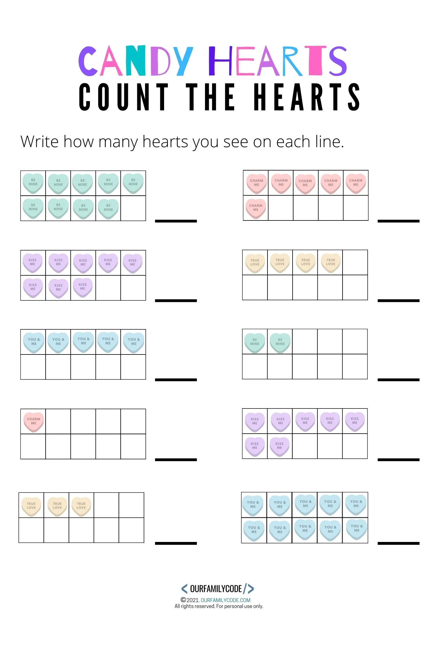 A picture of a candy heart math count the hearts worksheet.