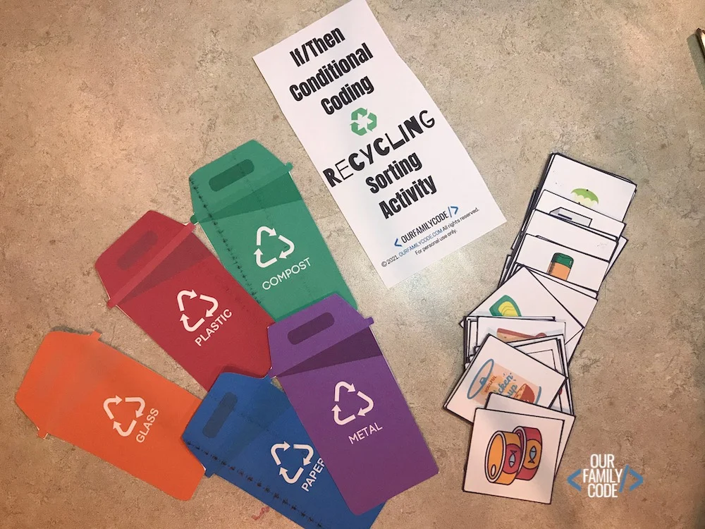 A picture of recycling sorting activity pieces.