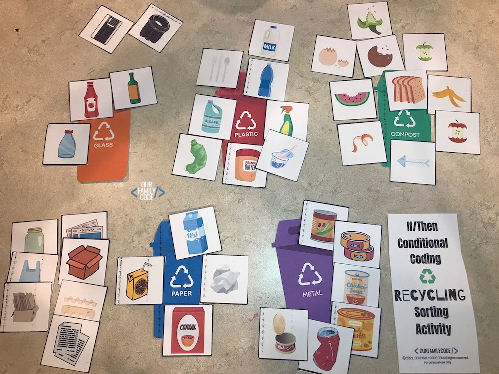 A picture of a recycling sorting activity to learn coding.
