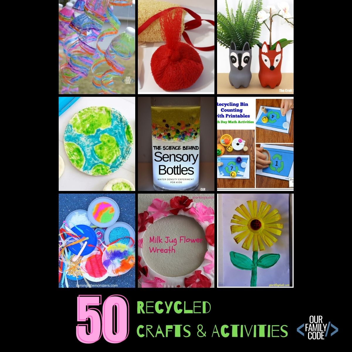 A picture of 50 recycled crafts and activities blog post feature image.