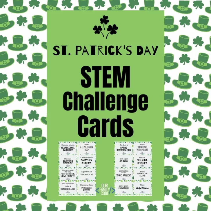a picture of stem challenge cards on leprechaun hat background