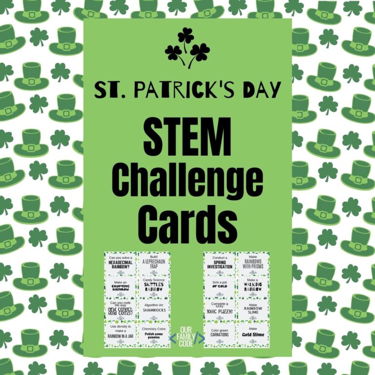 a picture of stem challenge cards on leprechaun hat background