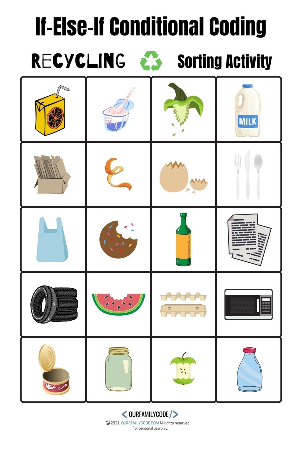Earth Day Coding Recycling Sorting Activity - Our Family Code