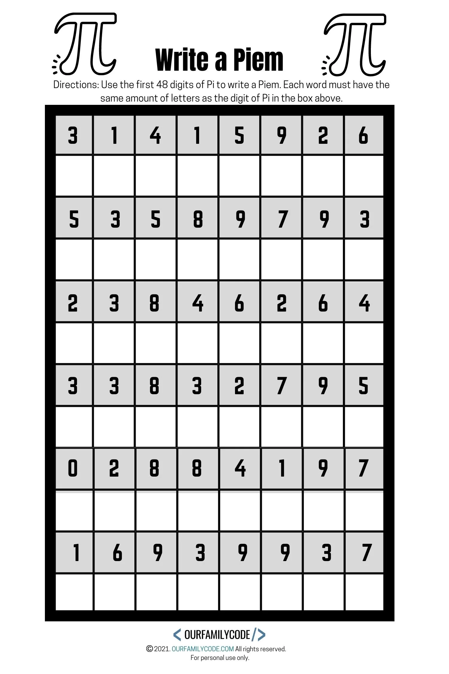 A picture of a pi day piem writing activity with the first 48 digits of Pi.