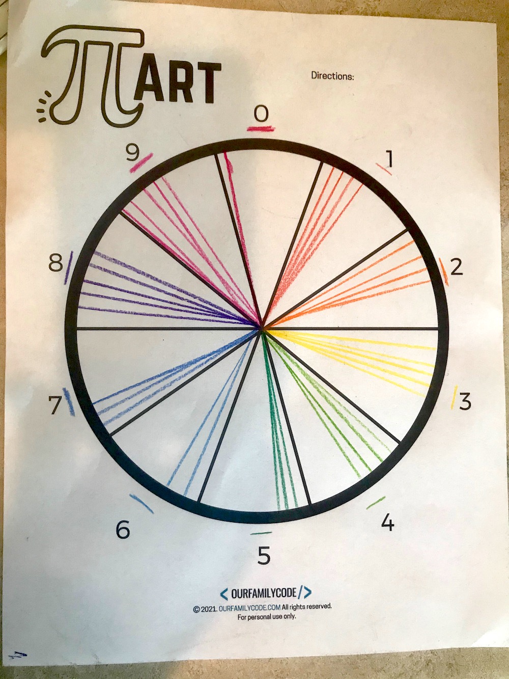 A picture of a pi day activity color wheel.