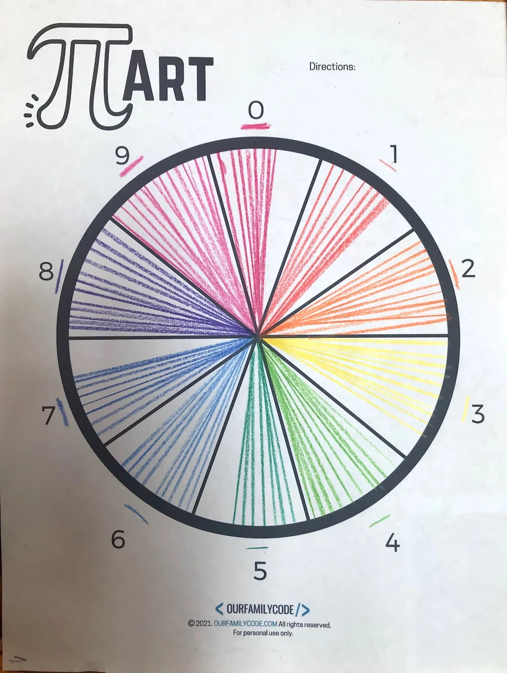 A picture of a pi day activity color wheel with the first 100 digits of pi.