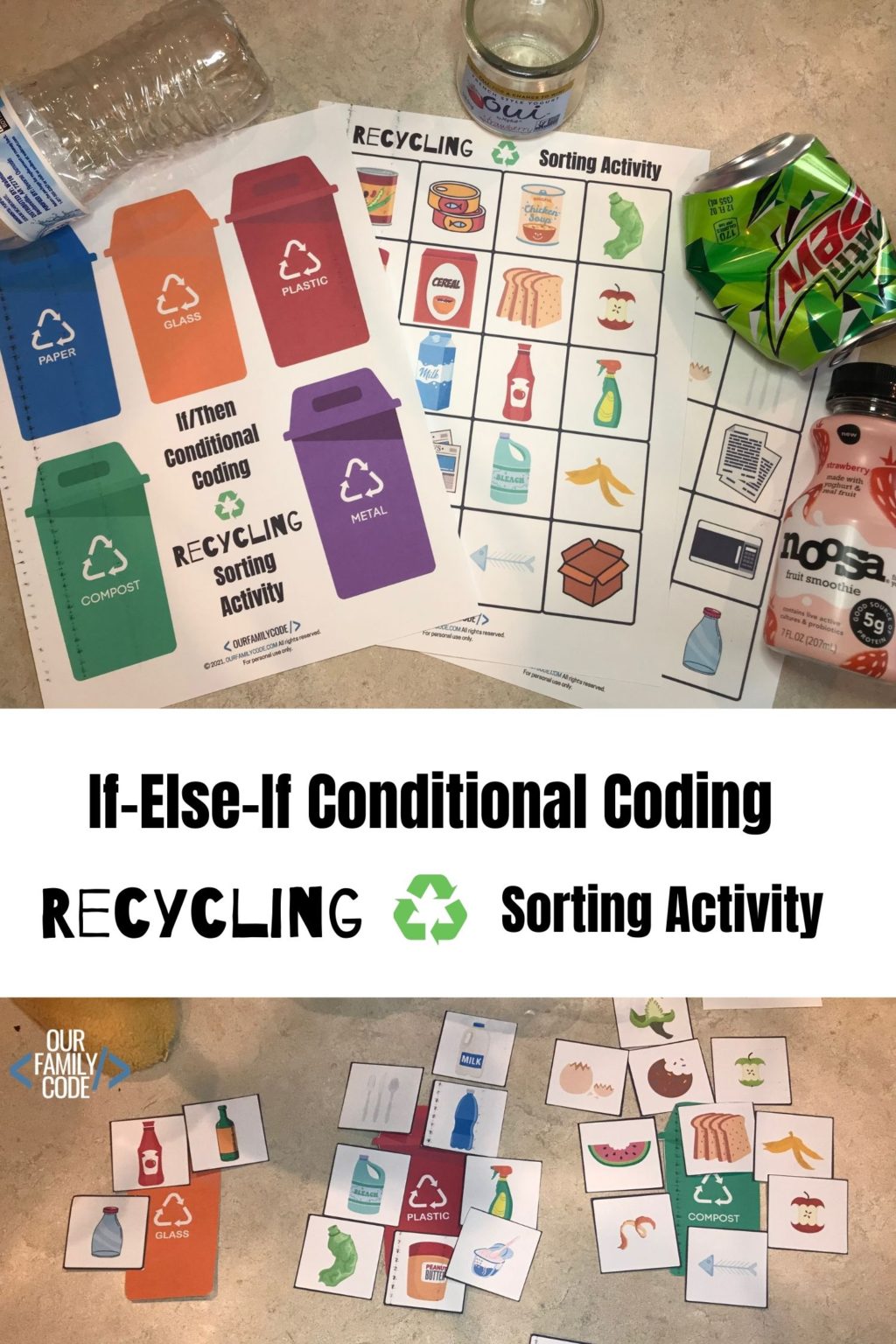 Earth Day Coding Recycling Sorting Activity - Our Family Code