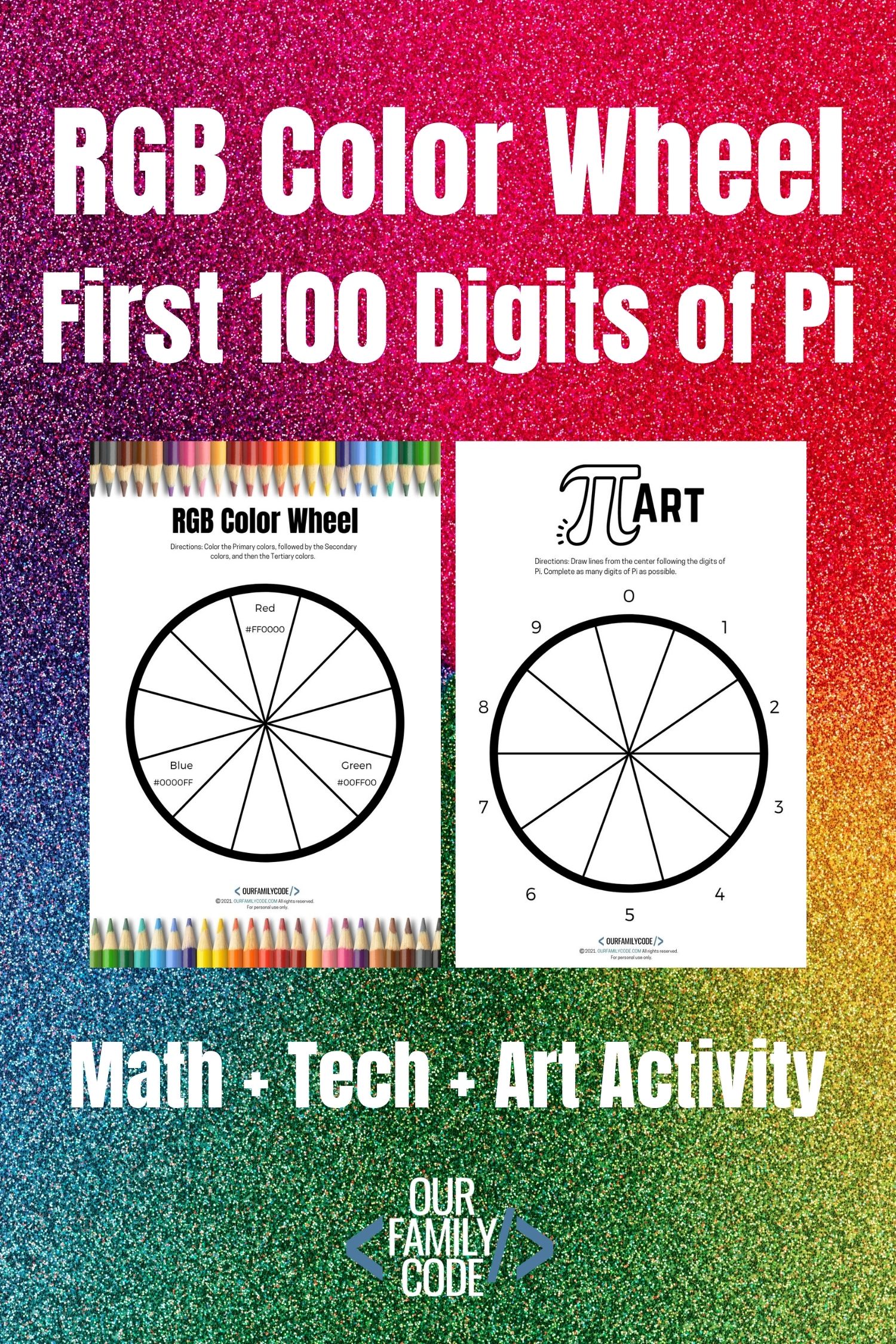 A picture of two math tech art activities on a rainbow color wheel background.