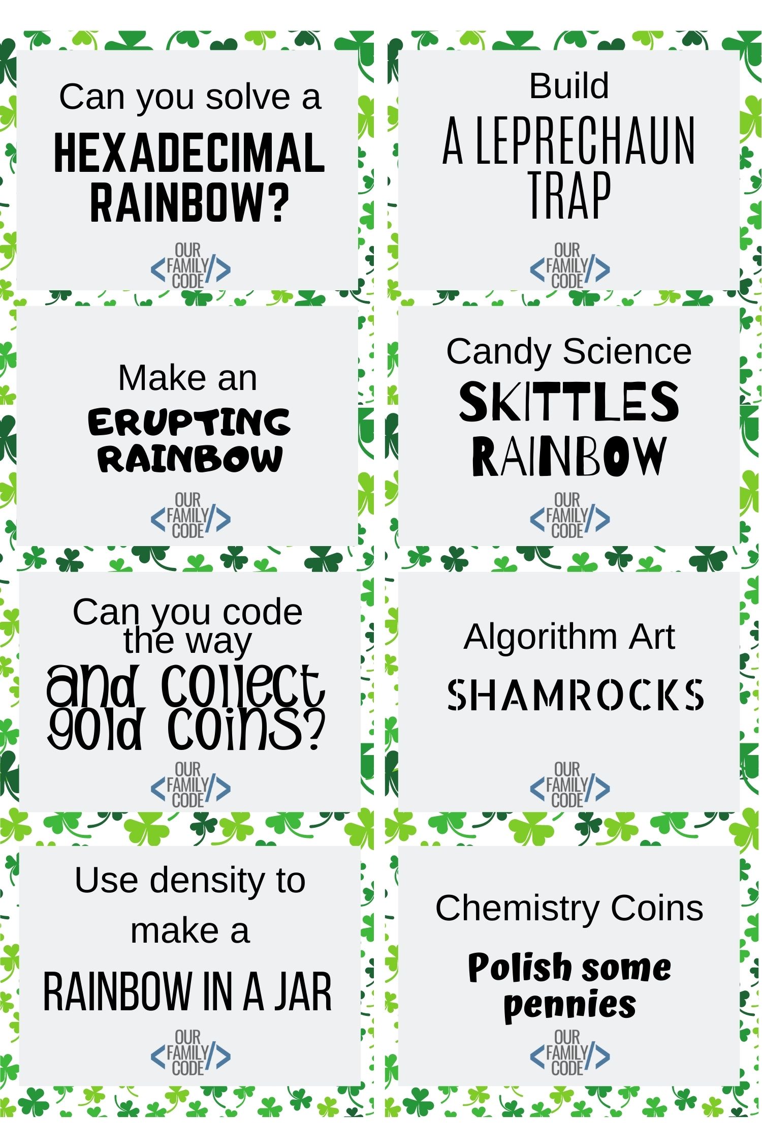 A picture of eight St. Patrick's Day STEM challenge cards.