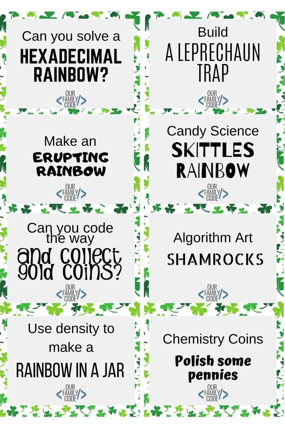 A picture of eight St. Patrick's Day STEM challenge cards.