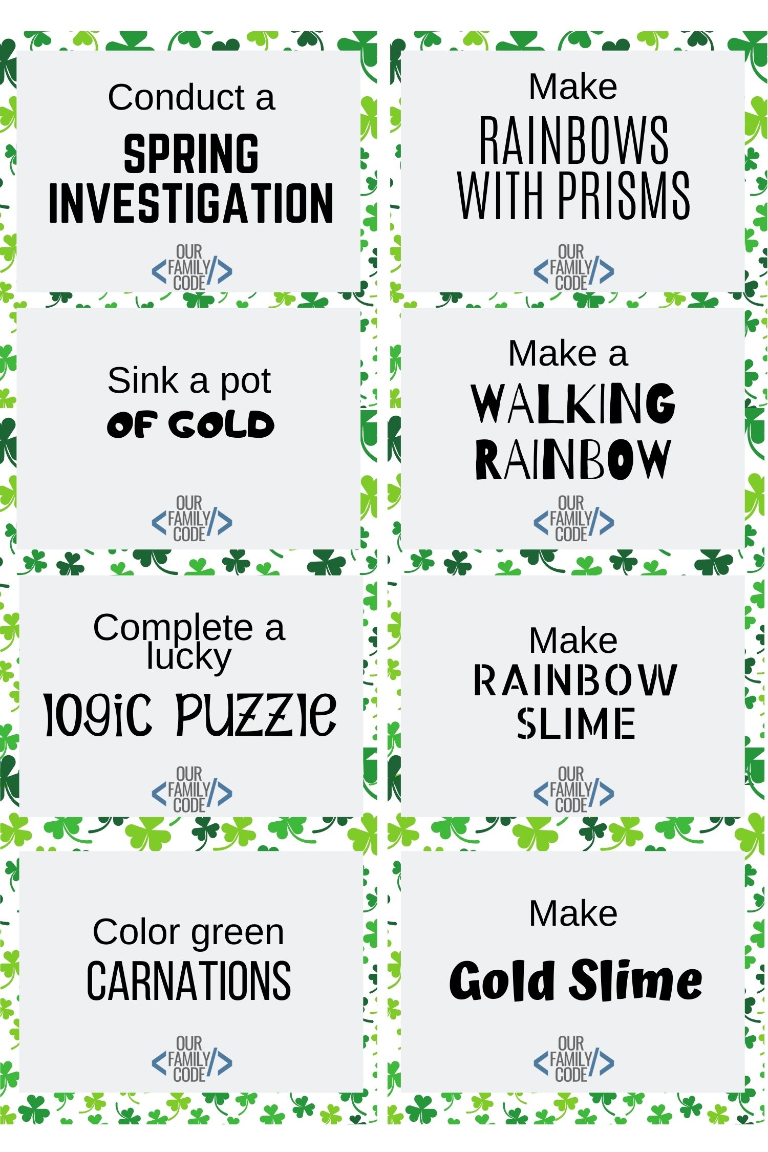 A picture of eight St. Patrick's Day STEM challenge cards