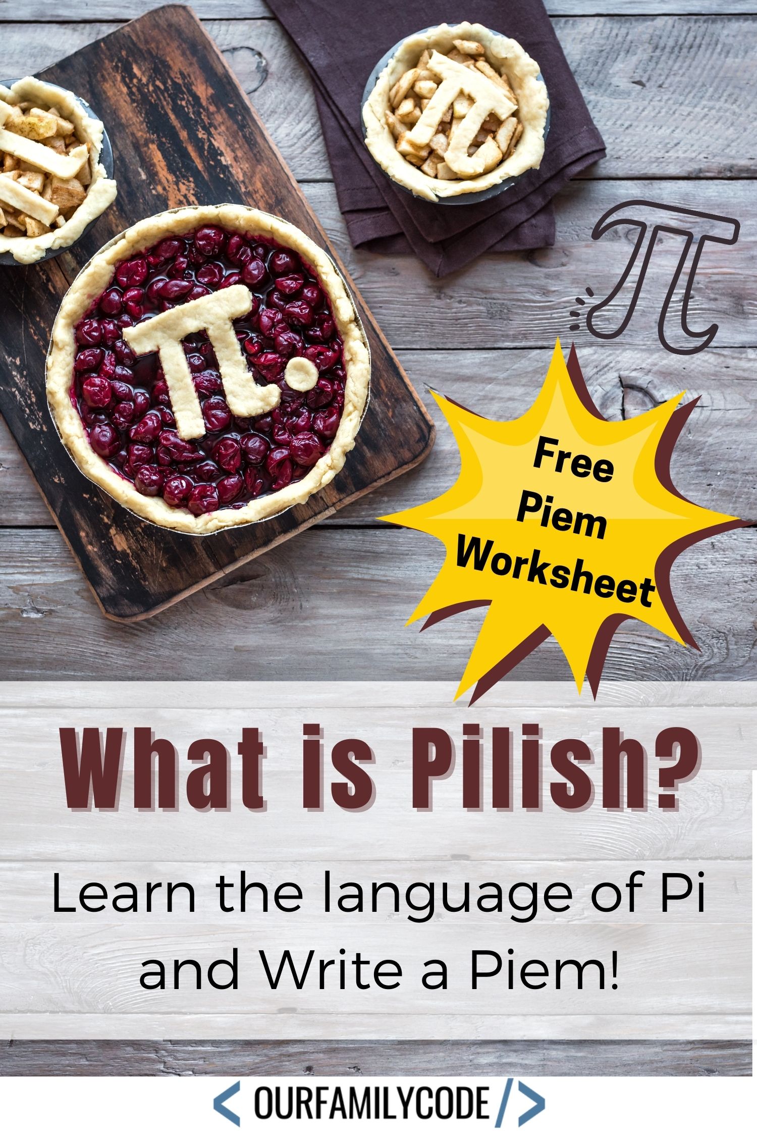 A picture of pies with the symbol for Pi on them with What is Pilish written in red.