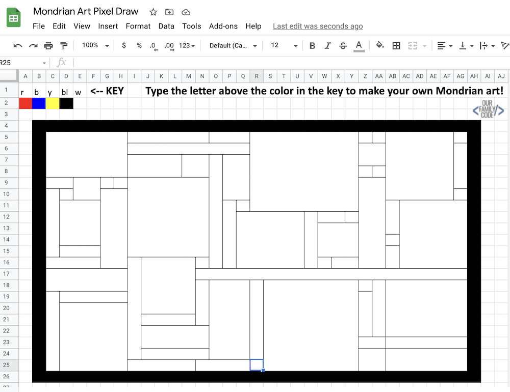 A picture of blank Mondrian art using google sheets.