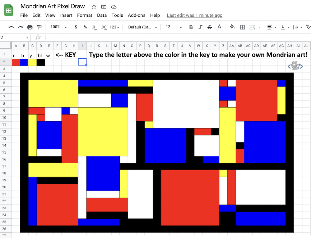 A picture of Mondrian digital art made with Google Sheets.