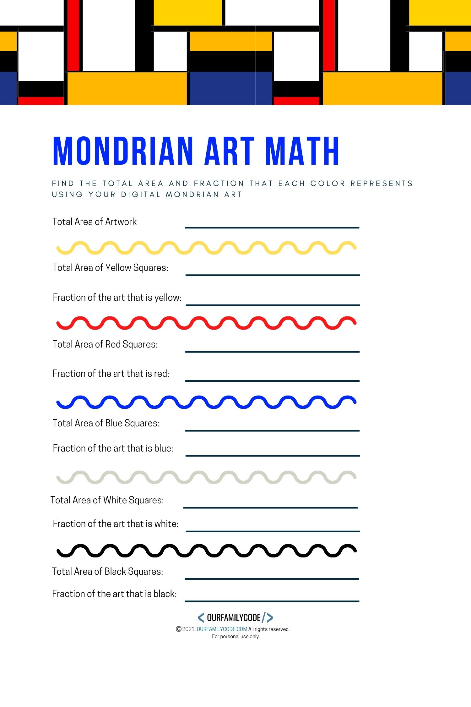 A Mondrian art math worksheet to find area and fraction of Mondrian artwork.
