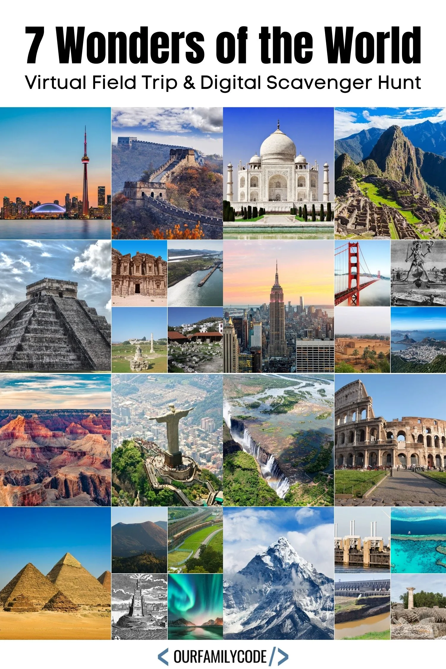 A picture with images of the seven wonders of the world.