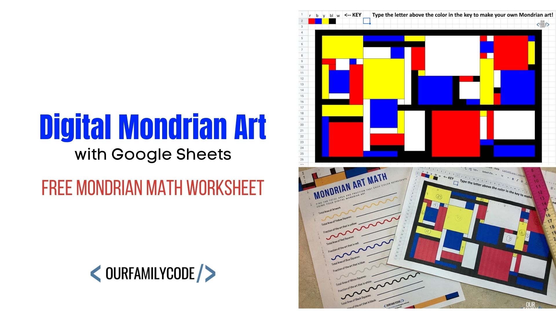 A picture of a Mondrian art math + art activity.