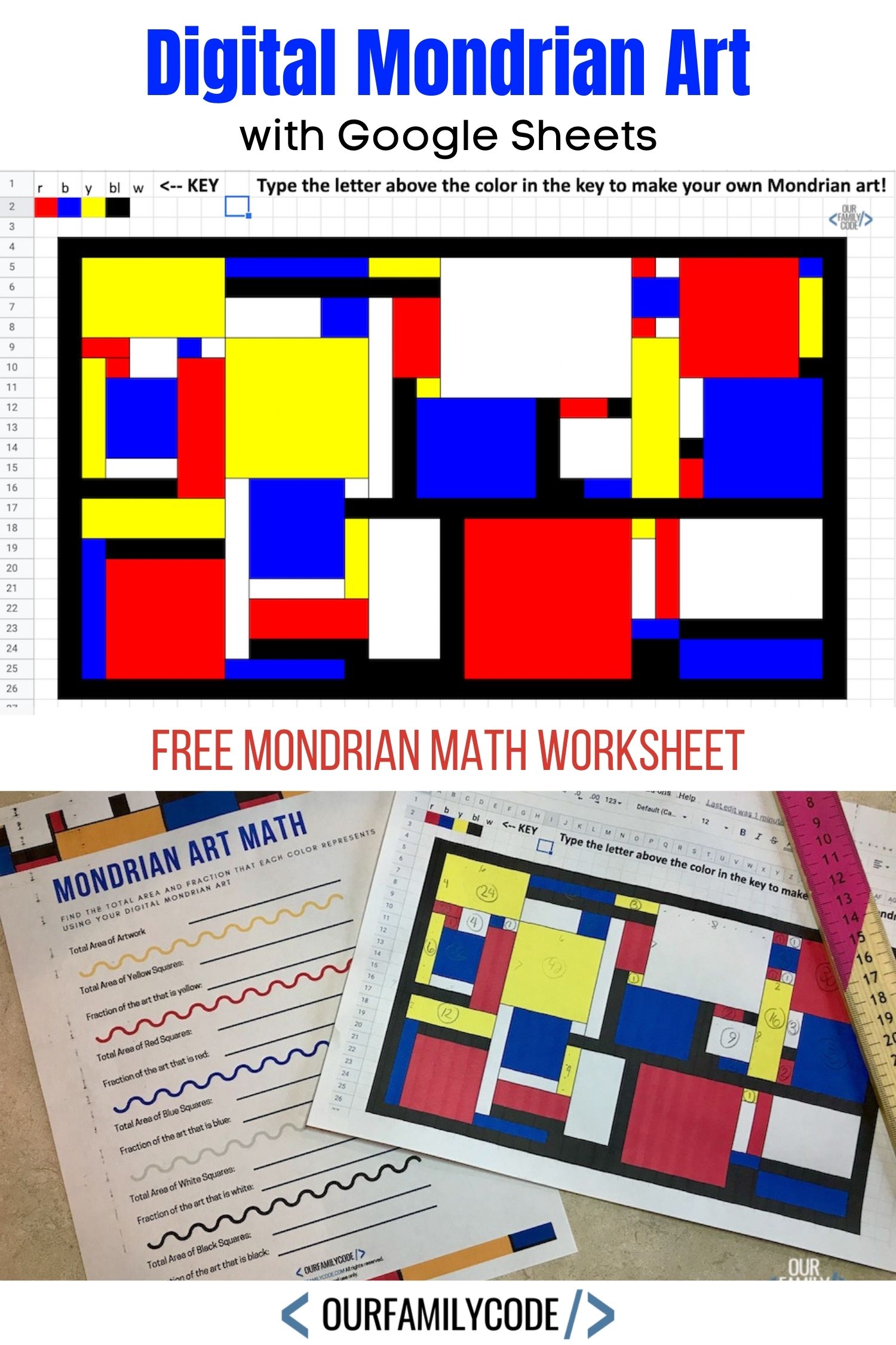 A picture of mondrian art digital activity on a mondrian math worksheet with ruler.