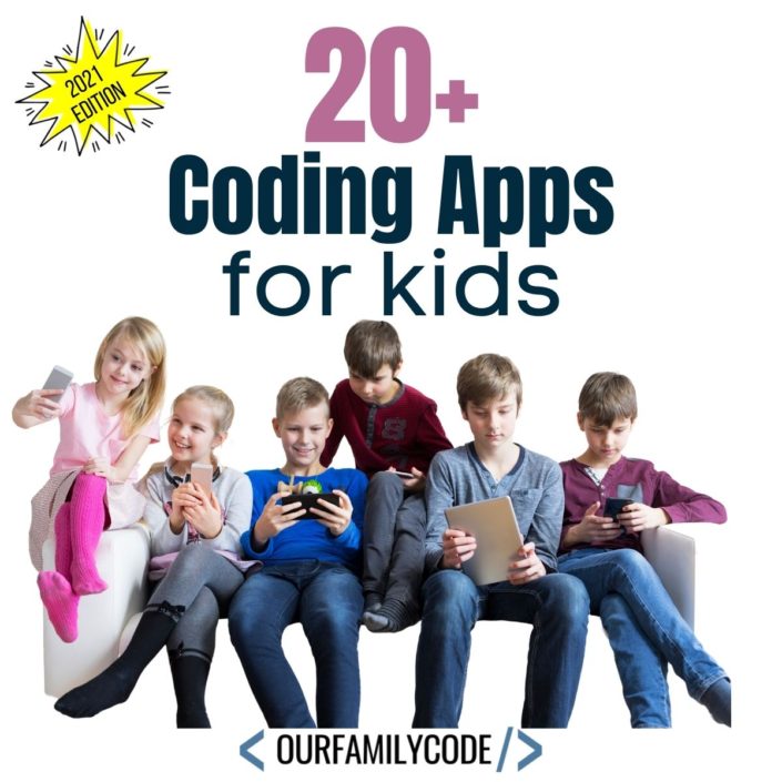 A picture of kids playing devices with 20+ coding apps for kids in text".