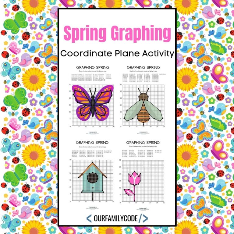 A picture of four spring graphing worksheets including a butterfly, bee, birdhouse, and flower on a white background with text that reads "Spring Graphing coordinate plane activity".