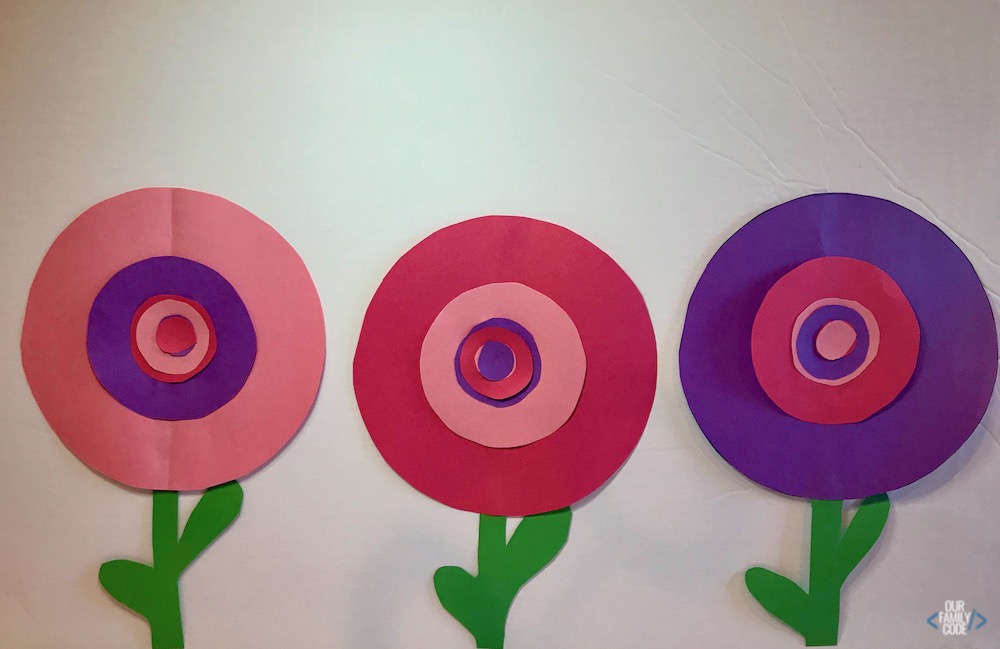 A picture of three Fibonacci flowers from a math art activity.