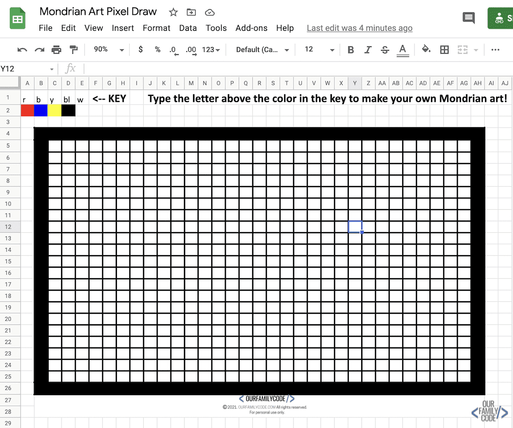 A picture of Mondrian Art digital drawing activity with thick borders.