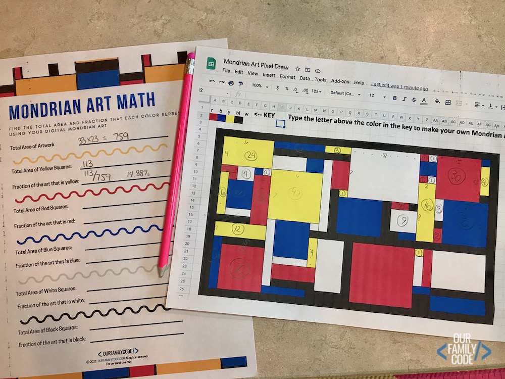 A picture of Mondrian math worksheet with digital Mondrian art.
