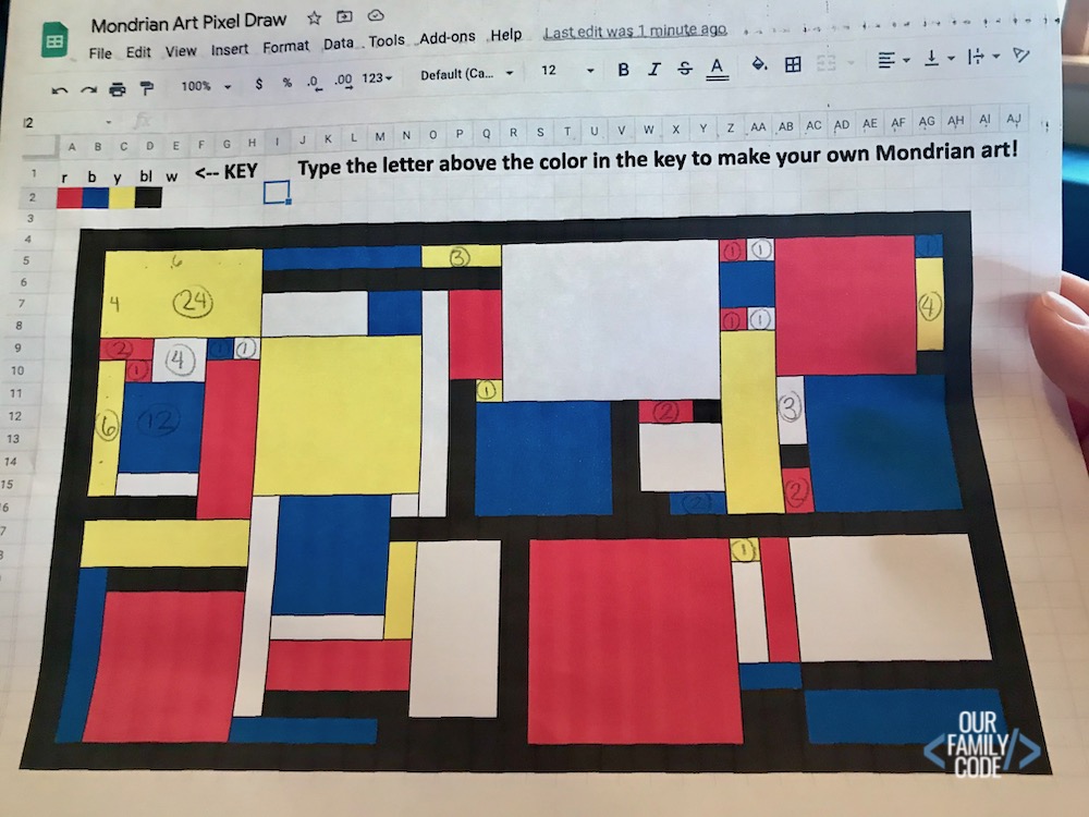 A picture of a printed sheet with Mondrian art and area of rectangles written in pencil.