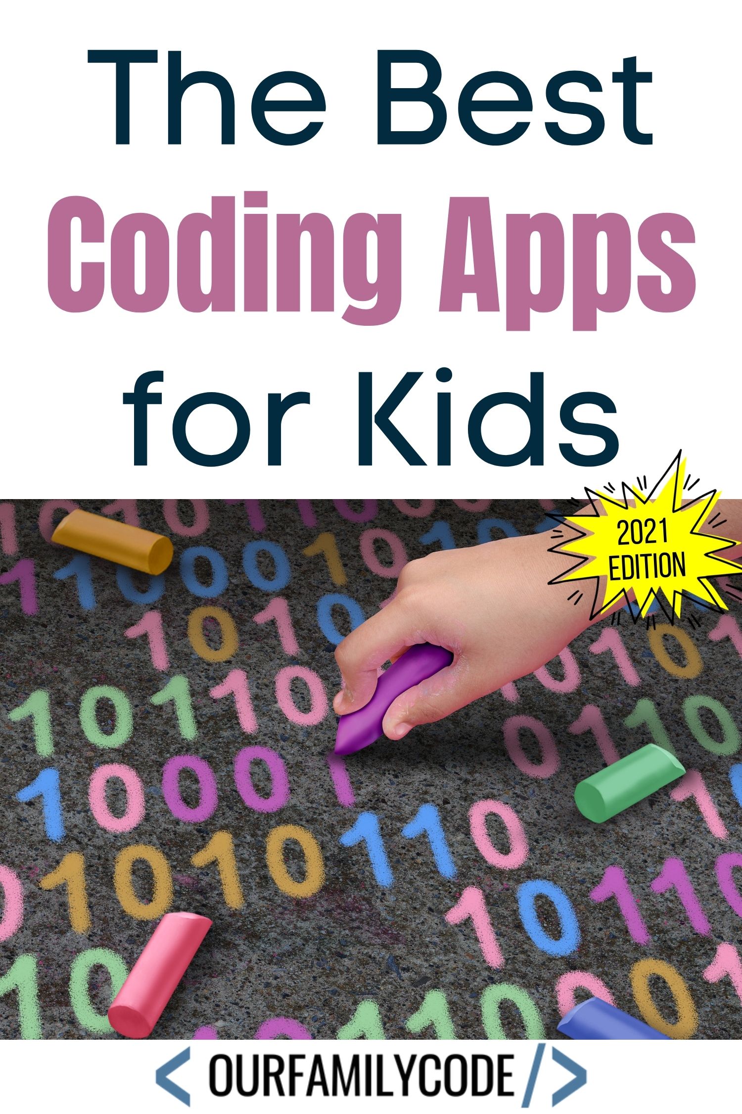 A picture of The Best Coding Apps for Kids written over a kids hand writing in binary code.
