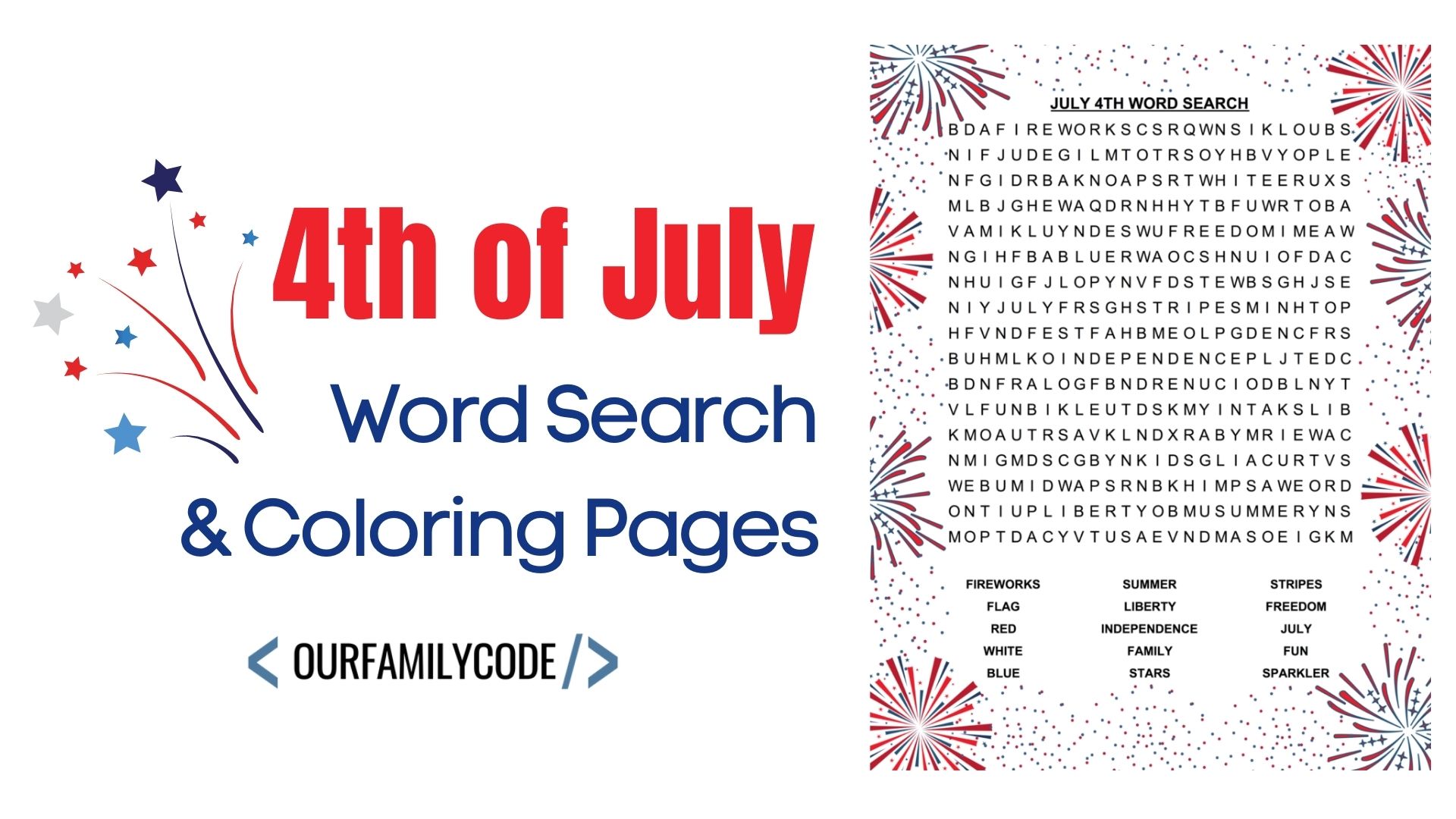 Grab this July 4th word search and fireworks coloring pages for a simple learning activity to add to your July 4th holiday fun!  