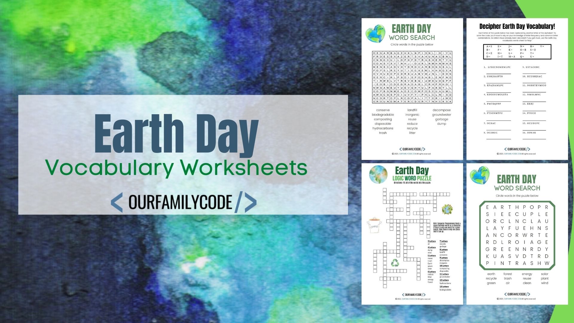A picture with four Earth Day vocabulary worksheets displayed on a watercolor blue and green background.