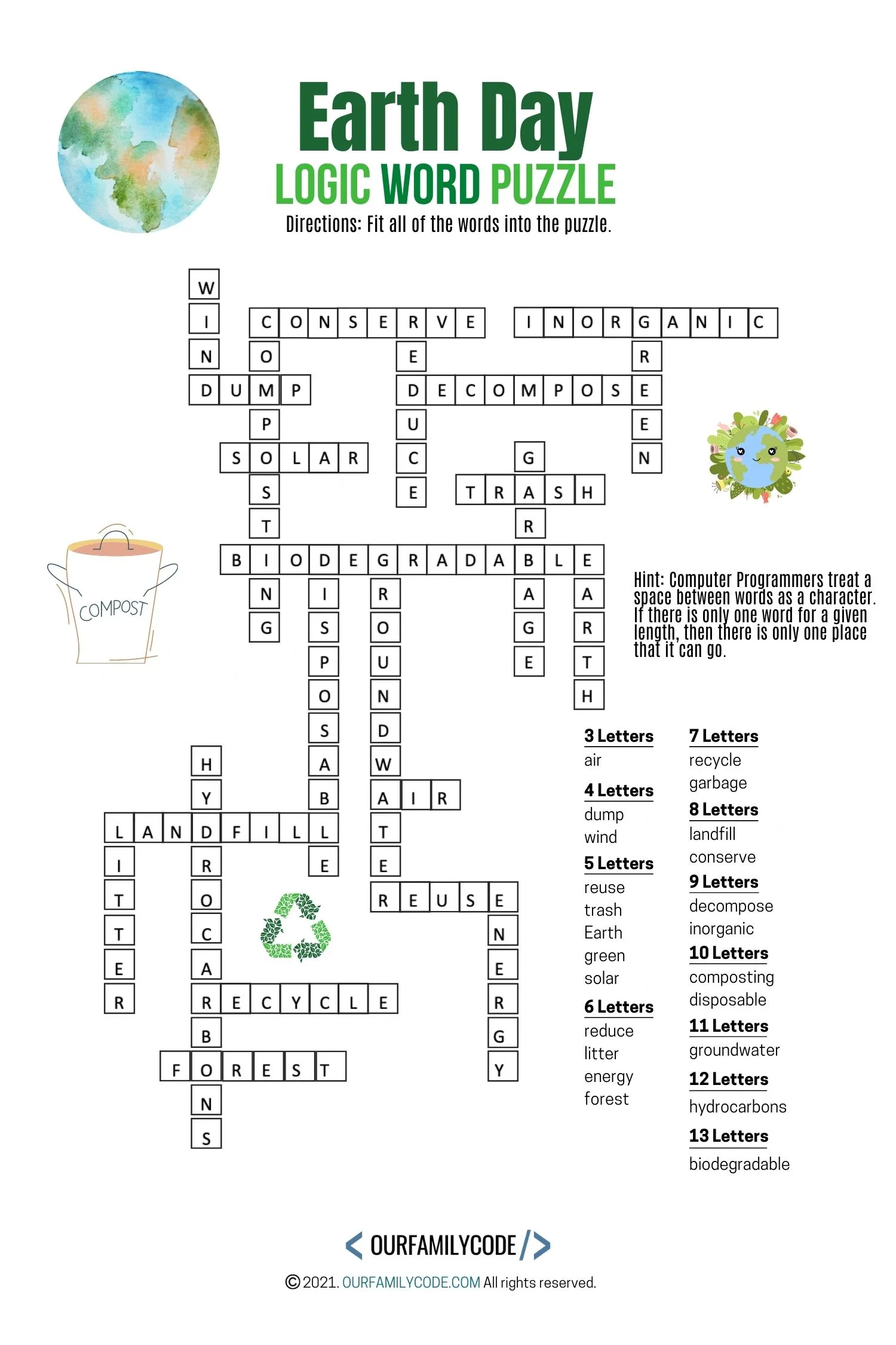A picture of an Earth Day logic word puzzle with answers.